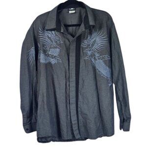 KimDo Mens Linen Embroidered Button Up Shirt Sz 2XL Dragon Y2K Grunge Streetwear